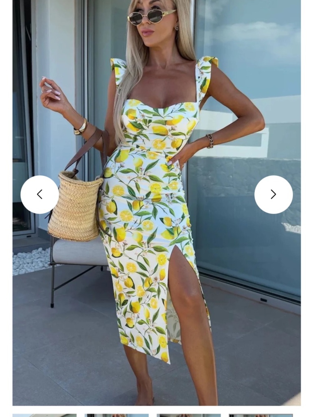 Women’s Lemon Print White Midi Dress with Side Slit